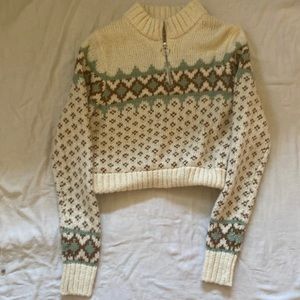 Small cropped sweater with green brown and white pattern